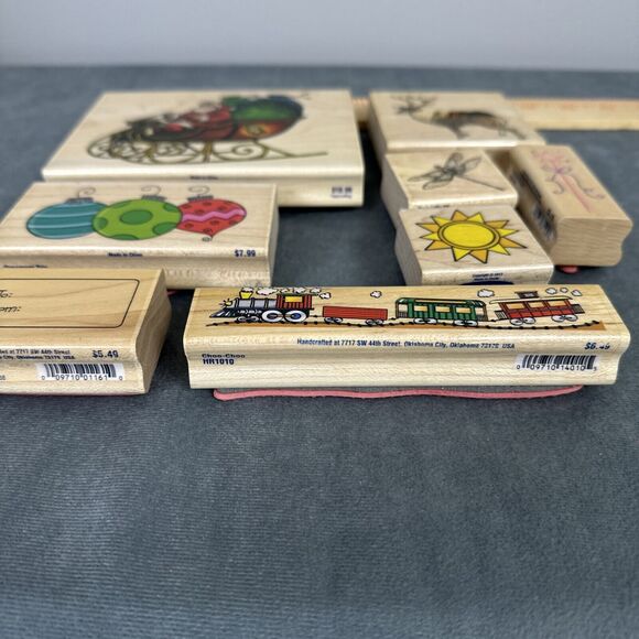 Stampabilities Wood Rubber Stamp Lot Christmas Holiday Santa Reindeer Train Tag - Picture 4 of 11